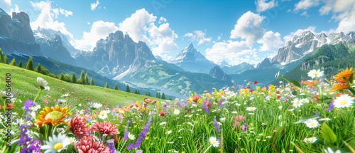 Spring Meadows in the Alps, Colorful Wildflowers and Lush Greenery Under a Panoramic Sky