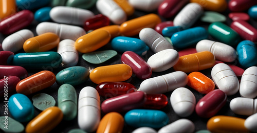 Colorful pills on a black background. Selective focus. Toned.