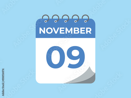 November  9 calendar reminder. 9 November  daily calendar icon template. Calendar 9 November  icon Design template. Vector illustration
