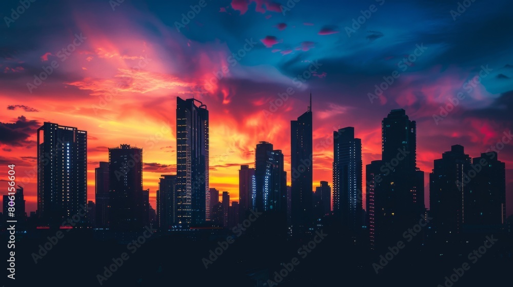A striking architectural silhouette of skyscrapers against a colorful sunset sky, evoking a sense of wonder and awe in the heart of a vibrant city.