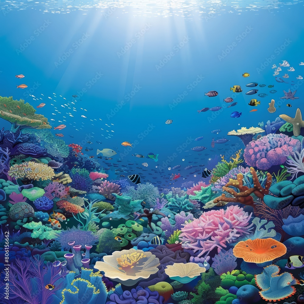 Fototapeta premium A vivid illustration of a coral reef teeming with marine life showcases the biodiversity in a Creative Banner of underwater ecosystems