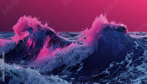 A dramatic and bold clash of bright magenta and navy blue waves, their powerful interaction creating a striking visual impact that captivates the viewer. photo