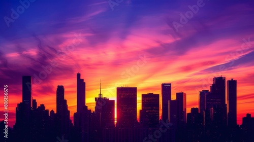 A striking architectural silhouette of skyscrapers against a colorful sunset sky  evoking a sense of wonder and awe in the heart of a vibrant city.