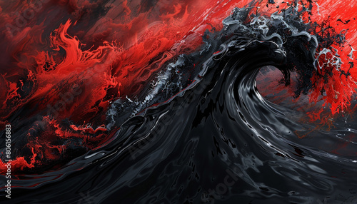 A dramatic clash of jet black and bright red waves, their intense interaction producing a stunning visual effect like a modern abstract painting.