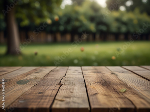 Empty wooden table for product display with apple trees blurred background and a few apples
