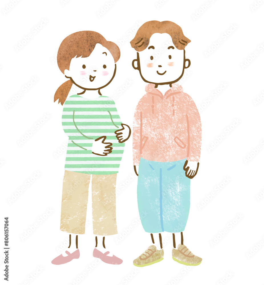 妊婦さん夫婦の全身手描きイラスト
