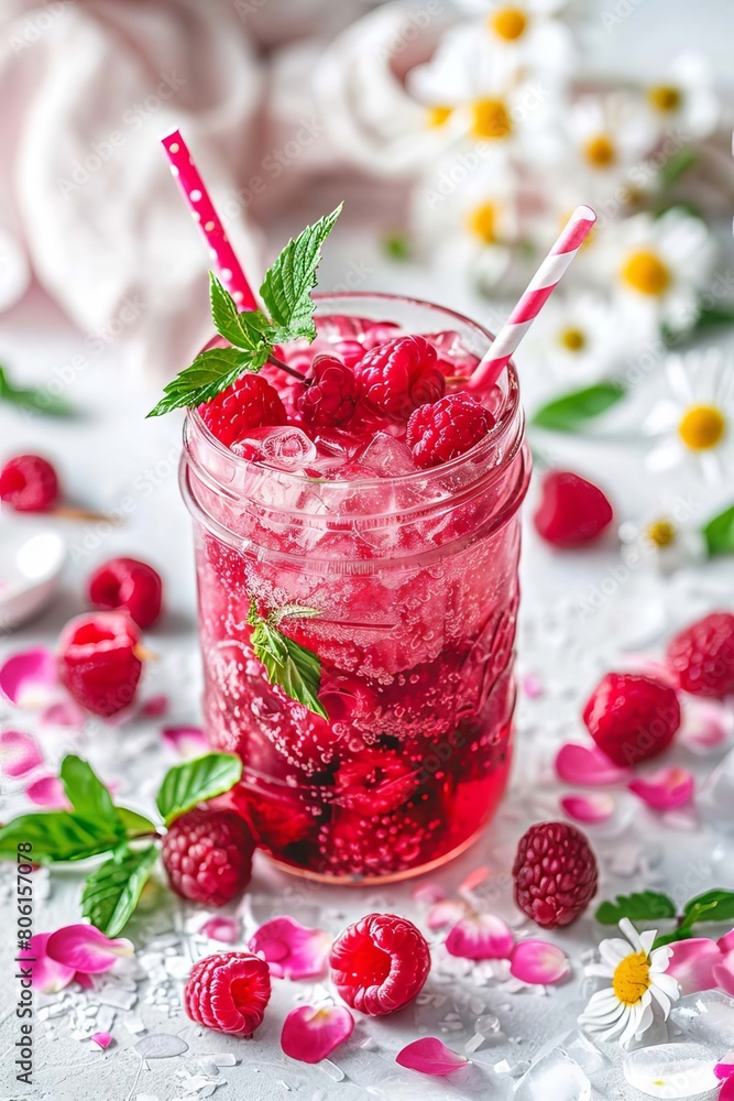 Glass of raspberry smoothie on white table, Generative AI, Glass of raspberry smoothie on white table, Generative AI,