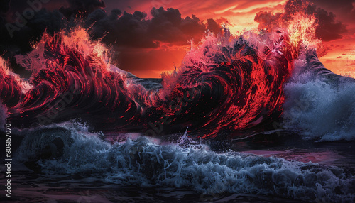A dramatic collision of fiery red and midnight black waves, creating a powerful visual that resembles the explosive beauty of a volcanic eruption. photo
