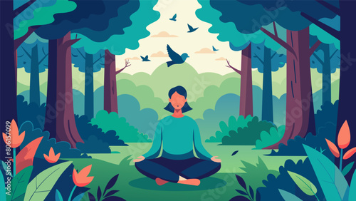 In the depths of a lush forest a person meditates a tall trees and chirping birds fully present in the moment.. Vector illustration