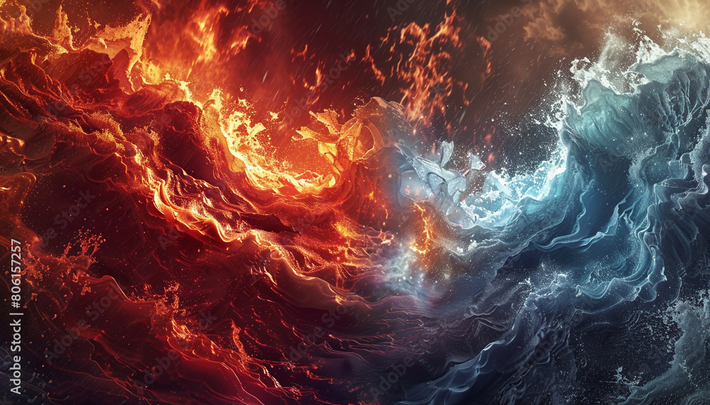 A dramatic interaction of fiery red and icy blue waves, their intense clash producing a visual spectacle reminiscent of a mythical battle between fire and ice.