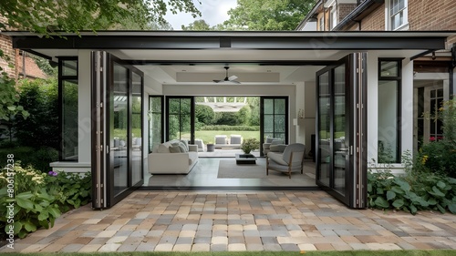 Modern Sunroom or conservatory extending into the garden, surrounded by a block paved patio