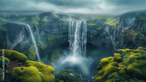 A big waterfall, high angle, natural light, cascading waterfalls and green vegetation, magnificent scenery. After the rain, the weather was cloudy, the background was blue mountains. Generative AI.