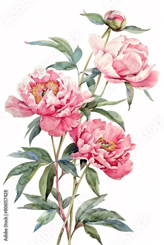 An artistic watercolor illustration of peonies with fractal accents on petals and leaves