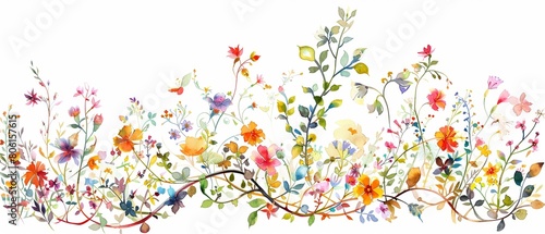 Fototapeta Naklejka Na Ścianę i Meble -  Clipart of a mystical watercolor garden with fractal vines intertwining amongst colorful flowers