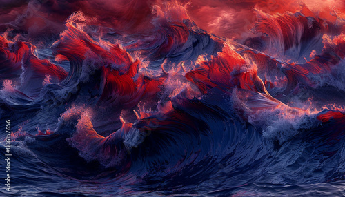 A dynamic and vibrant interplay of scarlet red and navy blue waves, swirling together in a forceful dance that captures the drama of an ocean storm.