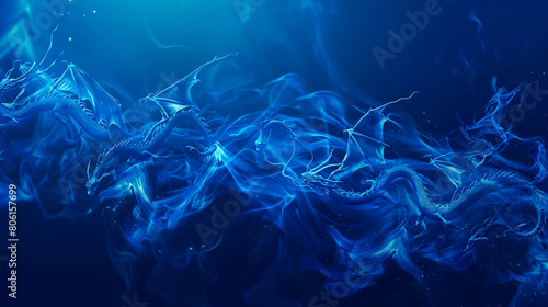 Abstract flying dragons on a dark blue background. Technological background for design on the topic of artificial intelligence, neural networks, big data. Copy space 
