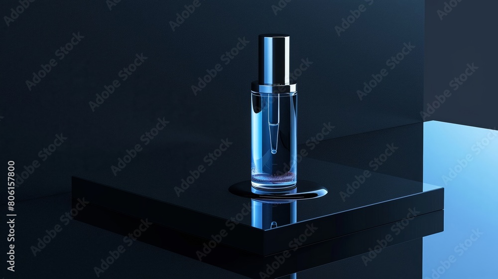 Luxurious cosmetic serum in a sleek bottle placed on black mirror Luxurious cosmetic serum in a sleek bottle placed on black mirror