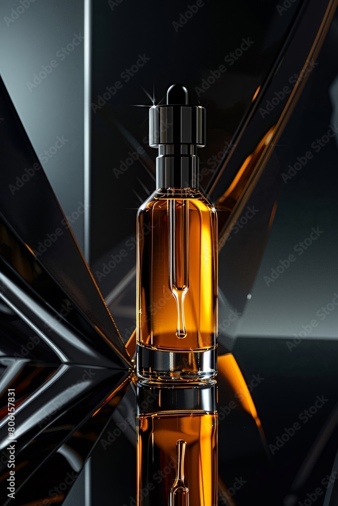 Luxurious serum in a glass bottle set against a black mirrored backdrop Luxurious serum in a glass bottle set against a black mirrored backdrop