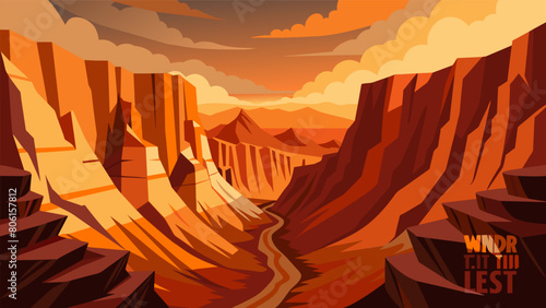 A rugged canyon with the words Wander but do not get lost inscribed on a towering rock formation.. Vector illustration