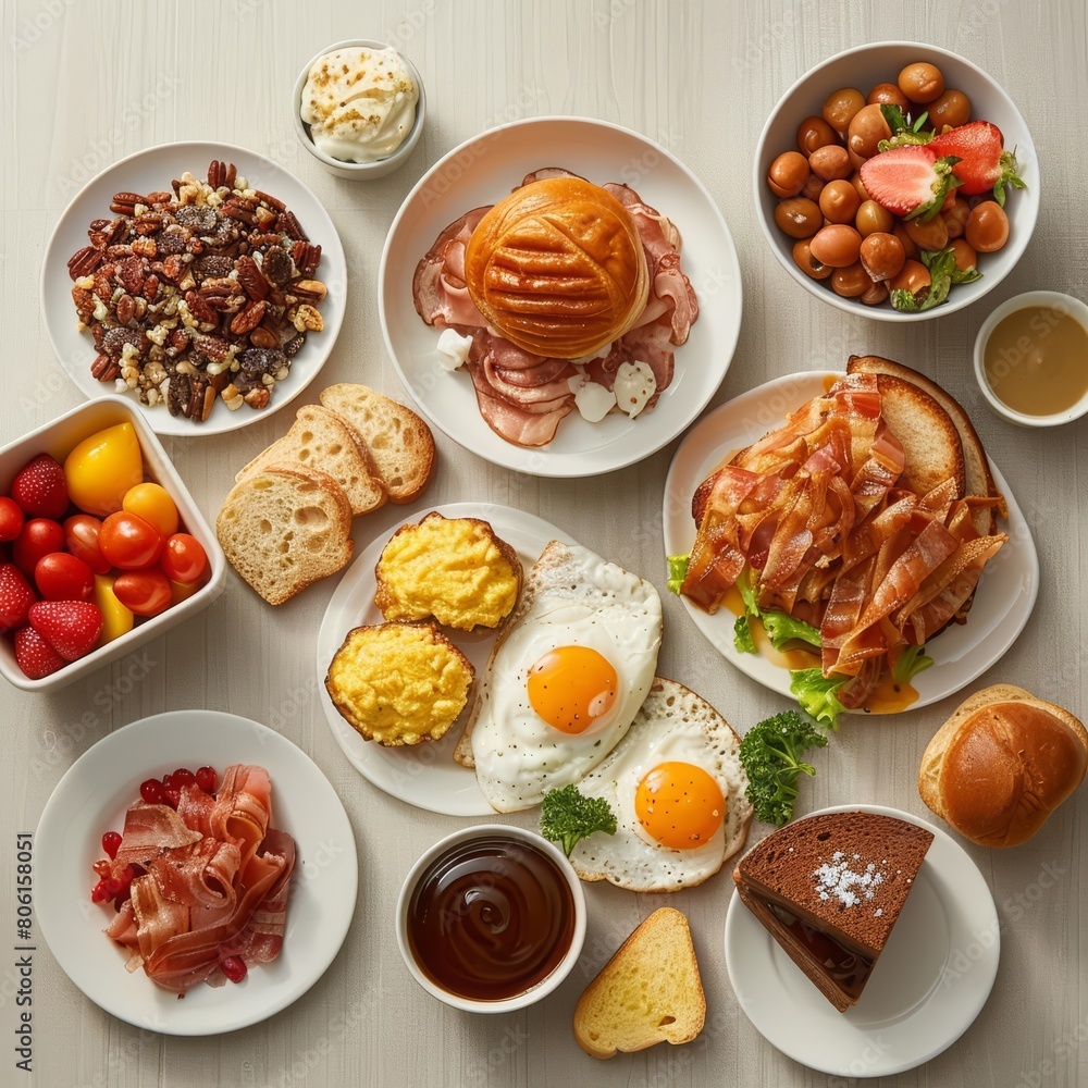 Continental breakfast spread beautifully arranged, perfect for a commercial promotional food photo, with solid background and copy space on center for advertise