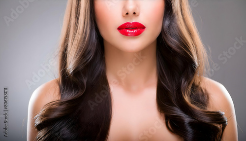 beautiful red lips with perfect skin; smooth long dark hairstyle on digital art concept. photo