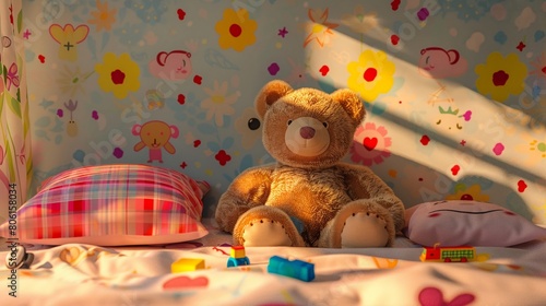 Realistic plush bear on a vibrant bed colorful toys scattered