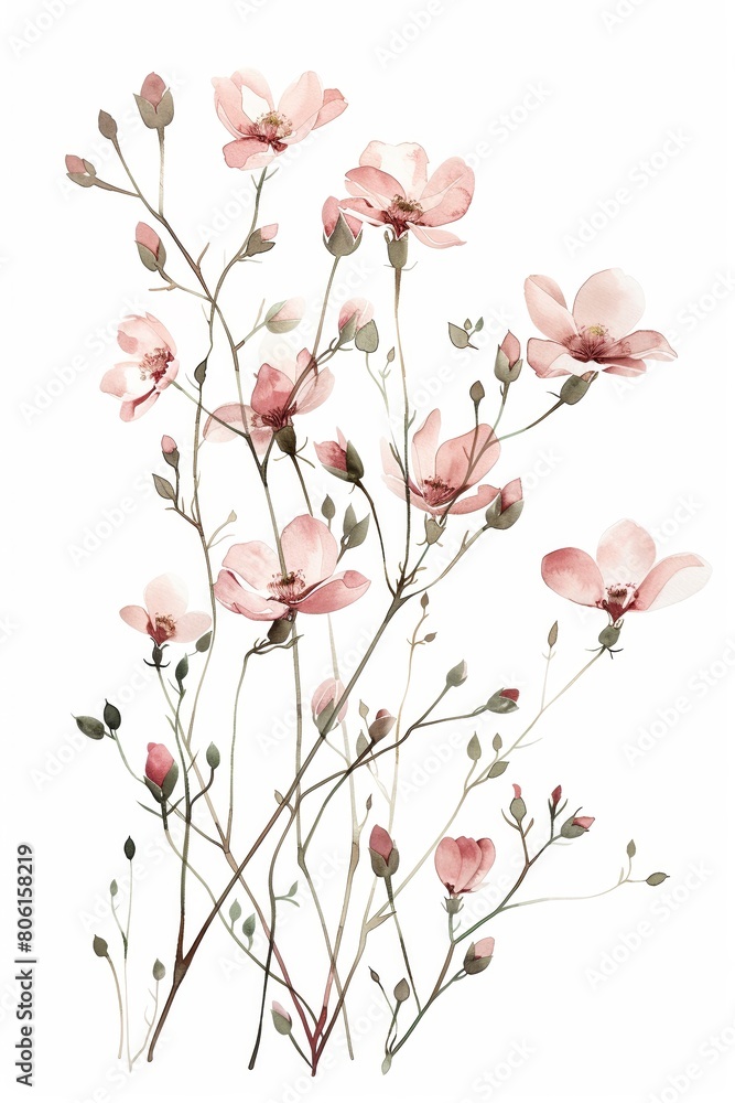 Watercolor clipart of a series of small delicate flowers with fractal-enhanced stems