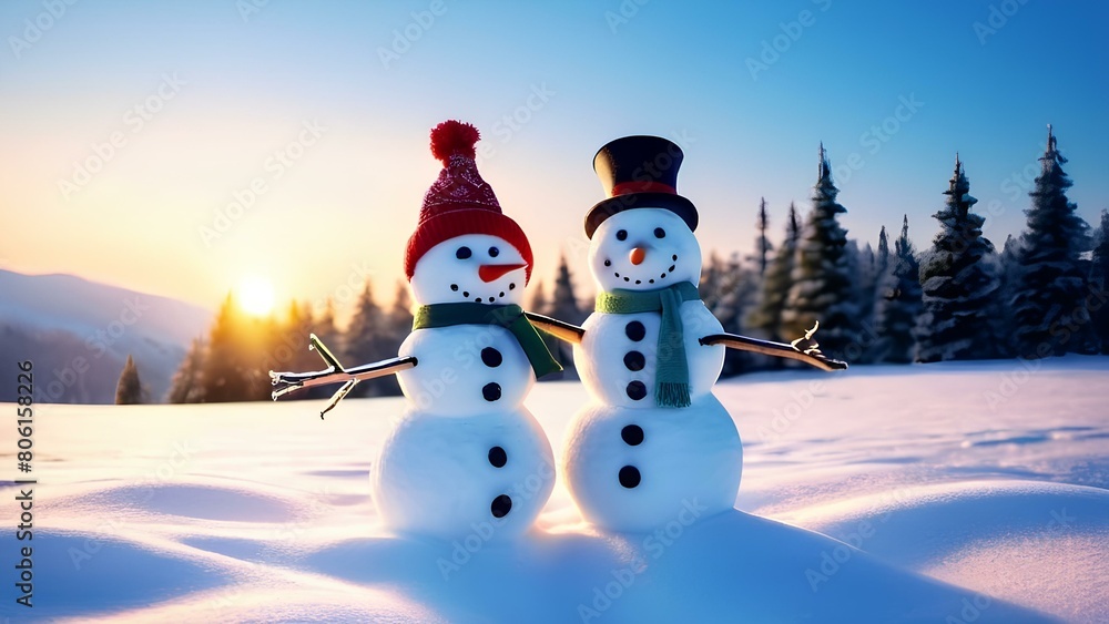 Obraz premium Two snowmen are standing in the snow with one wearing a red hat and scarf. The sun is setting behind them, creating a warm and cozy atmosphere