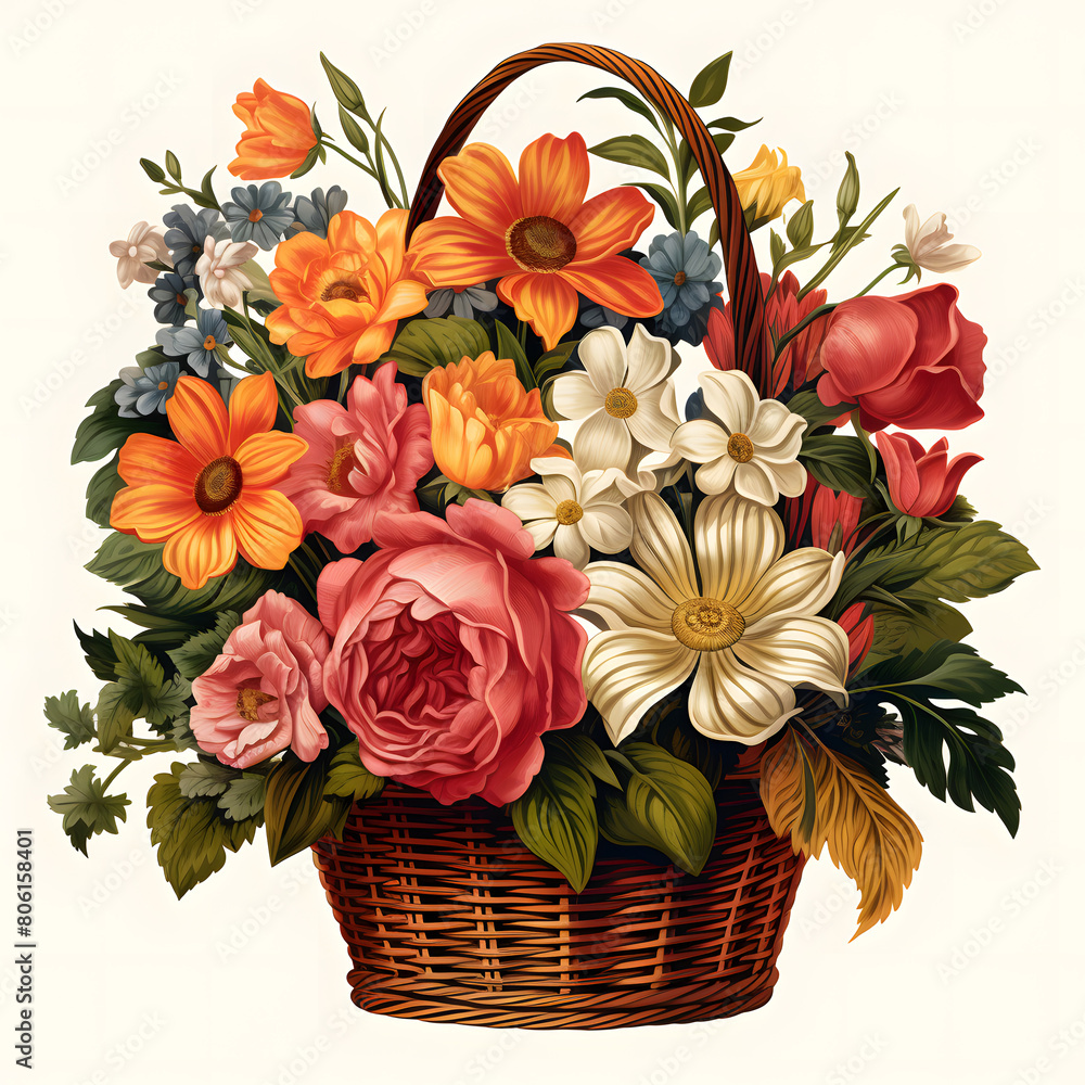 Obraz premium A classic clip art of a flower basket, overflowing with assorted blooms and greenery.