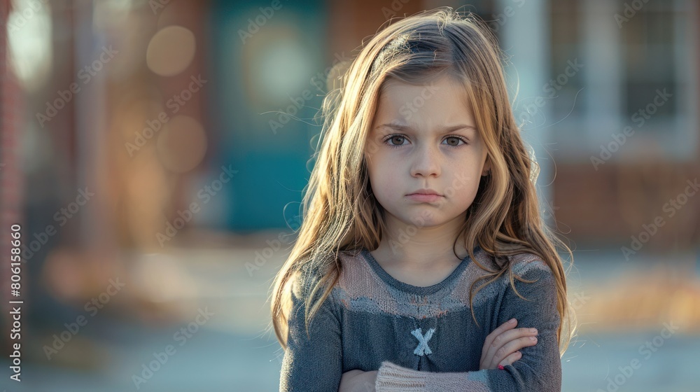 a sullen little girl standing with her arms crossed in front of her school on the street, expressing anger and frustration. and fatigue from problems in the learning environment. a sullen little girl standing with her arms crossed in front of her school on the street, expressing anger and frustration. and fatigue from problems in the learning environment.
