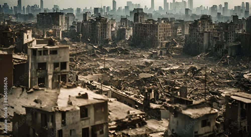 A view of a city resiliently situated amidst the wreckage and destruction of its surroundings Dystopian cityscape after environmental collapse A view of a city resiliently situated amidst the wreckage and destruction of its surroundings Dystopian cityscape after environmental collapse