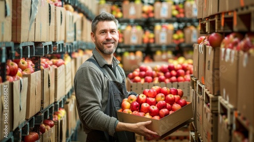 Smiling Farmer Holding a Box of Fresh Apples in a Warehouse. Generative ai