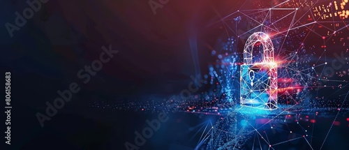 Digital polygons form an open padlock, illustrating cyber security in a techsavvy world, Sharpen banner template with copy space on center photo