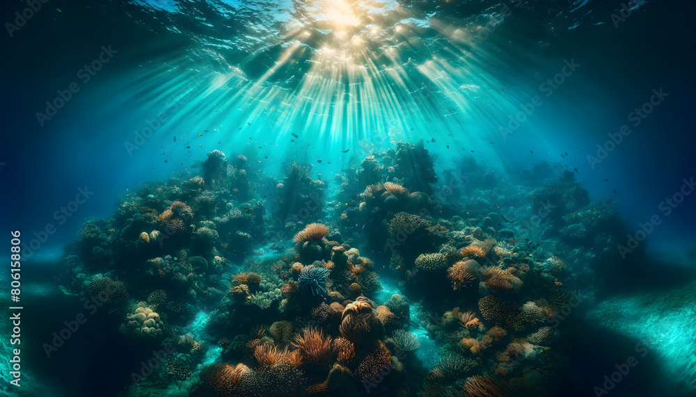 Fototapeta premium Radiant Reef: Sunrays Spotlighting a Lush Coral Garden Under the Sea