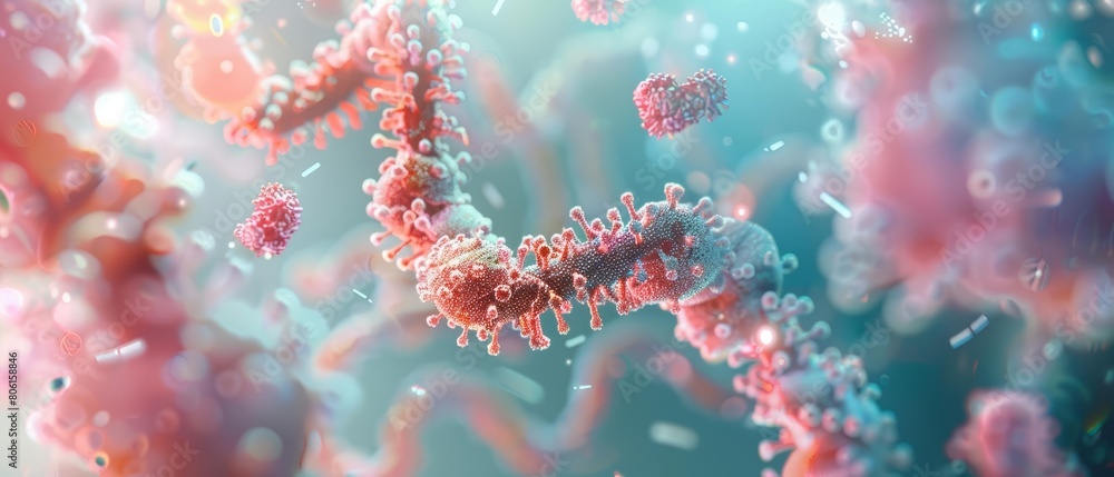 DNA genome sequencing represented in a 3D illustration with pastelcolored cells DNA genome sequencing represented in a 3D illustration with pastelcolored cells