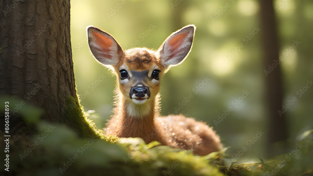 Wildlife photography of a baby deer peeking behind a tree against a natural backdrop. Ideal for wildlife photography, deer, or animal content. Wildlife photography of a baby deer peeking behind a tree against a natural backdrop. Ideal for wildlife photography, deer, or animal content.