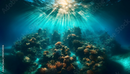 Radiant Reef: Sunrays Spotlighting a Lush Coral Garden Under the Sea © DesignByGade
