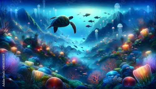 Midnight Marine Journey: A Sea Turtle Navigates Through a Bioluminescent Underwater World