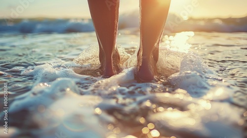 Bare Feet on Sandy Beach at Sunset. Generative ai.