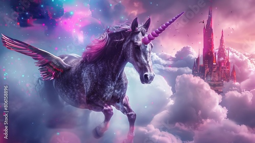 Cloud City, A unicorn with wings flying through a city built in the clouds photo