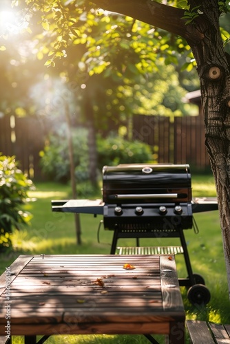 wooden table and barbecue nature