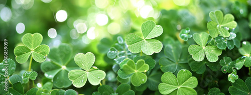 four leaf clover on green shamrock background photo