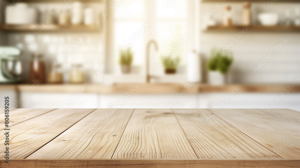 Empty wooden table background Kitchen background with bright daylight Product montage display Empty wooden table background Kitchen background with bright daylight Product montage display