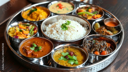 A traditional Indian thali meal with a variety of curries, chutneys, and pickles served in small bowls on a stainless steel tray.