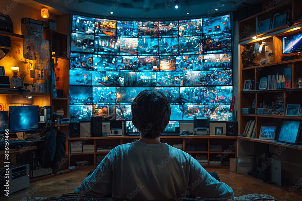 Person observing a wall of surveillance screens