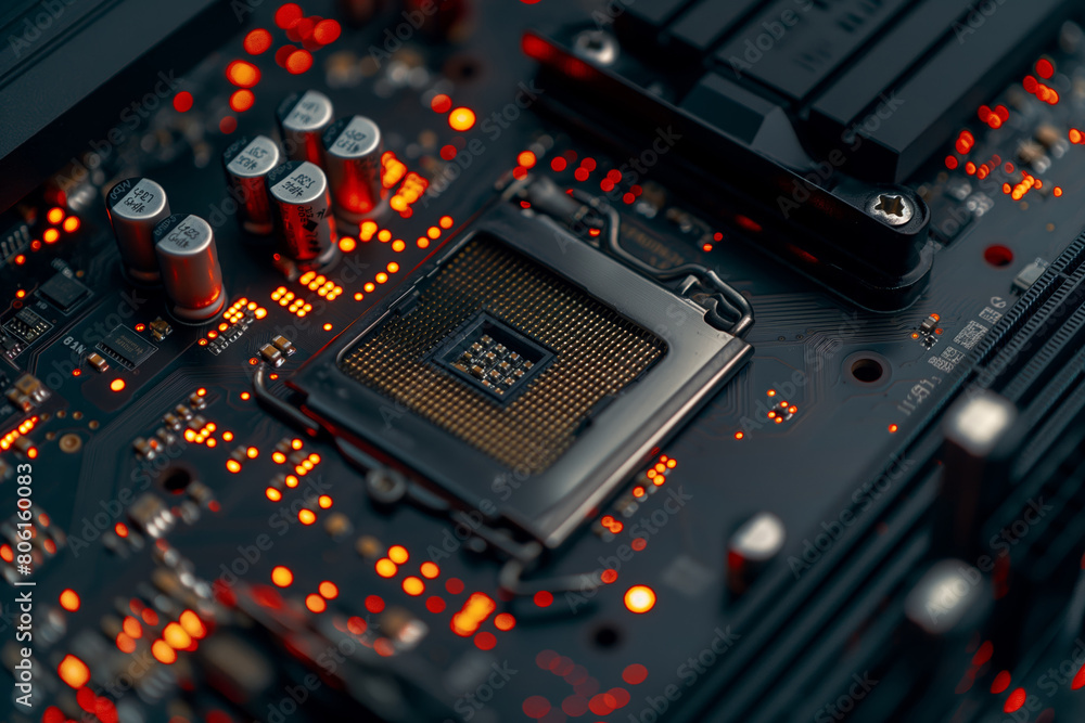 Fototapeta premium CPU with orange glowing lights on circuit board