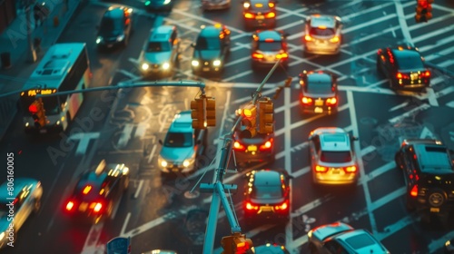 A traffic light intersection during rush hour, with vehicles waiting patiently as they obey the signals for safe and orderly traffic flow.