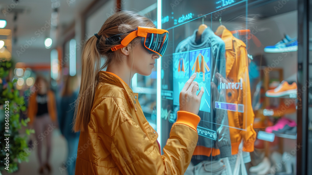 A woman in a vibrant orange jacket uses futuristic augmented reality glasses to browse and interact with digital displays of clothing items A woman in a vibrant orange jacket uses futuristic augmented reality glasses to browse and interact with digital displays of clothing items