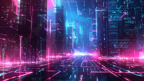 Sci-fi inspired tech imagery with neon lights and pixelated textures, © patcharida