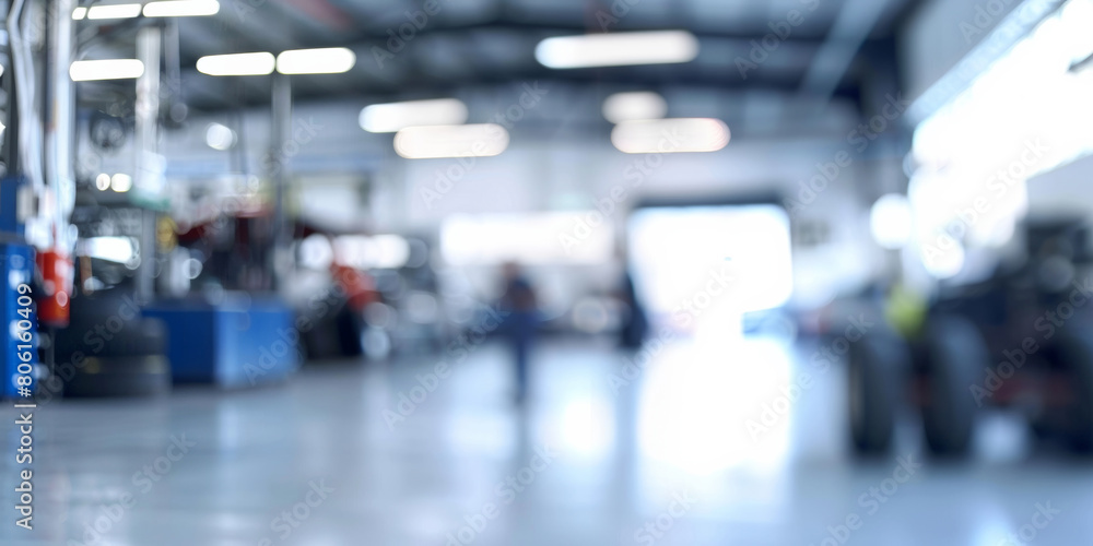 A blurry image of a auto repair shop. Blurred car service station. Large open hangar and lots of light. A blurry image of a auto repair shop. Blurred car service station. Large open hangar and lots of light.